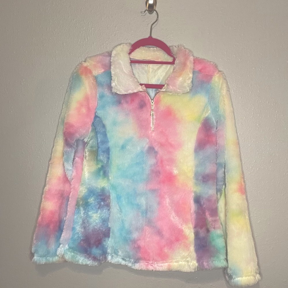 Rainbow tie dye furry quarter zip pullover